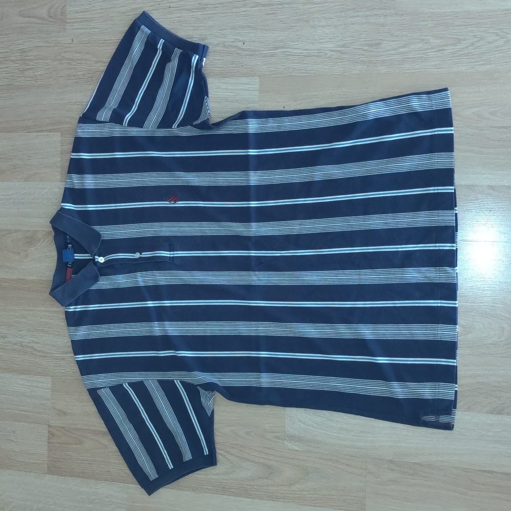 Vtg Nautica Polo Shirt Blue White Stripe Classic Casual Sport Golf L